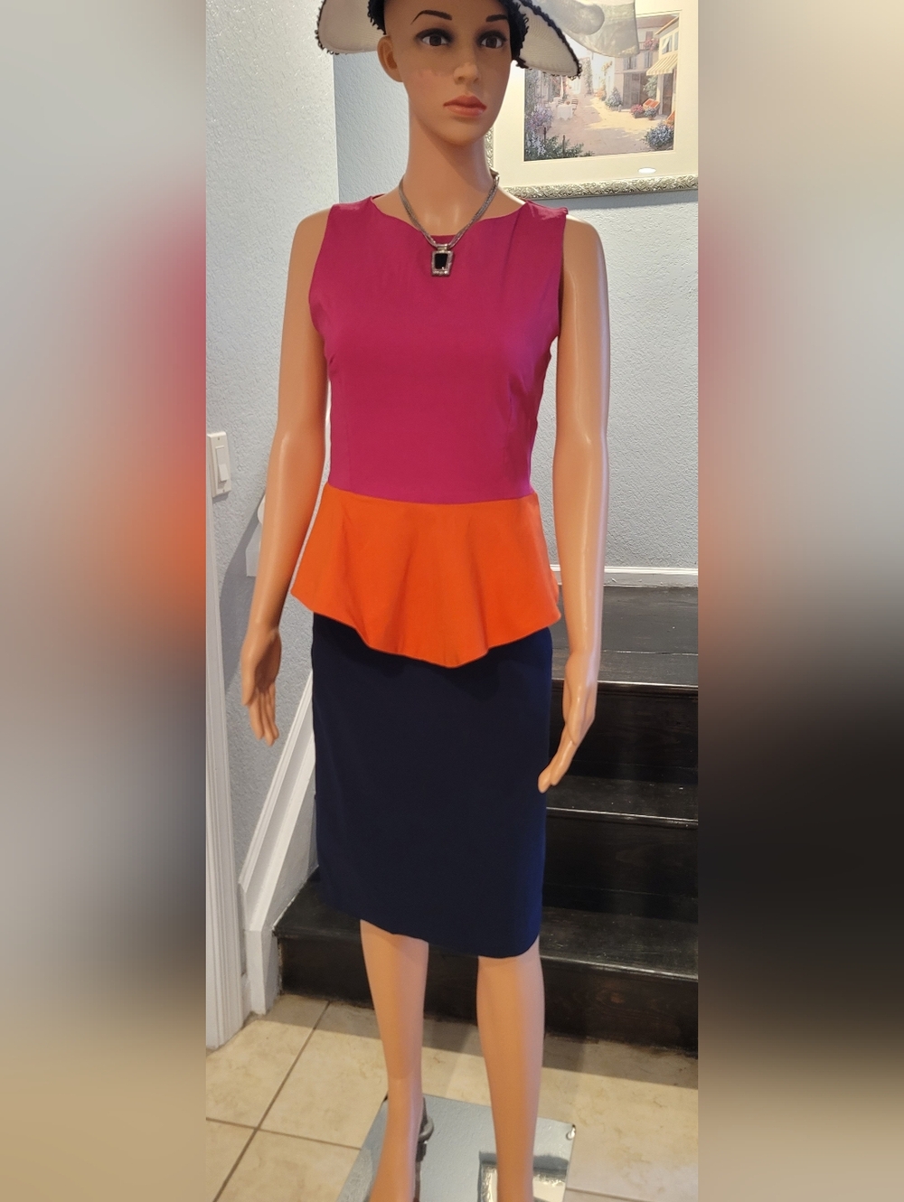 Colorblock Peplum Pencil Skirt - Magenta, Orange, Navy
